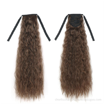 Hot Selling High Quality 22 Inch Long Wrap Kinky Curly Strappy Ponytail Hair Extensions Dark Brown Synthetic For Women